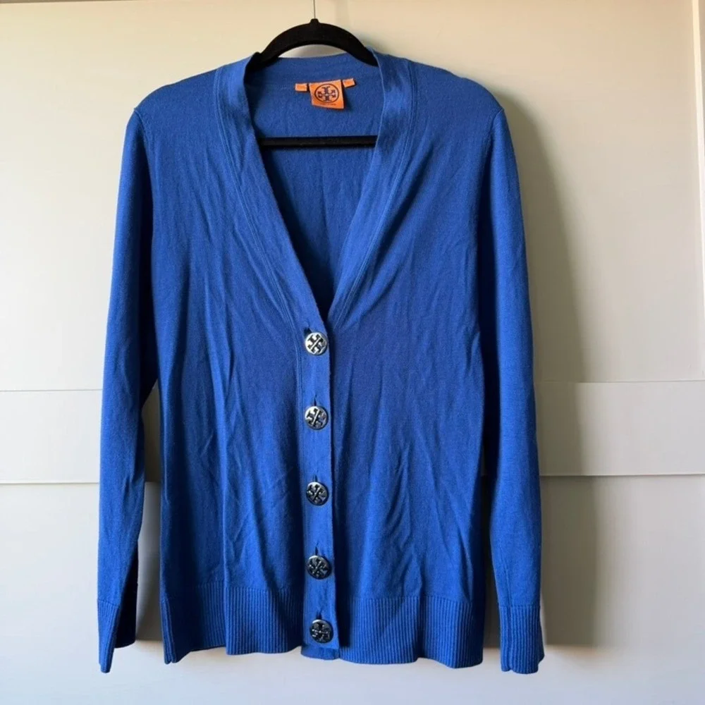 Tory Burch Cardigan Women Large Blue Merino Wool Logo Button V-Neck Sweater